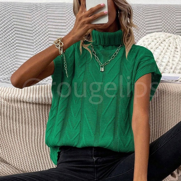 Rouge! Sweaters - Green Knit Sweater Top Turtleneck Sleeveless Loose Fit